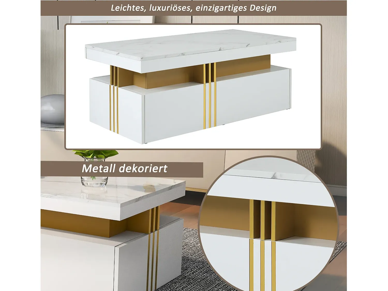 Mesa De Centro|Hauss Spole Mesa de centro moderna com 2 gavetas em folheado de mármore , bordas laterais em metal dourado Branco