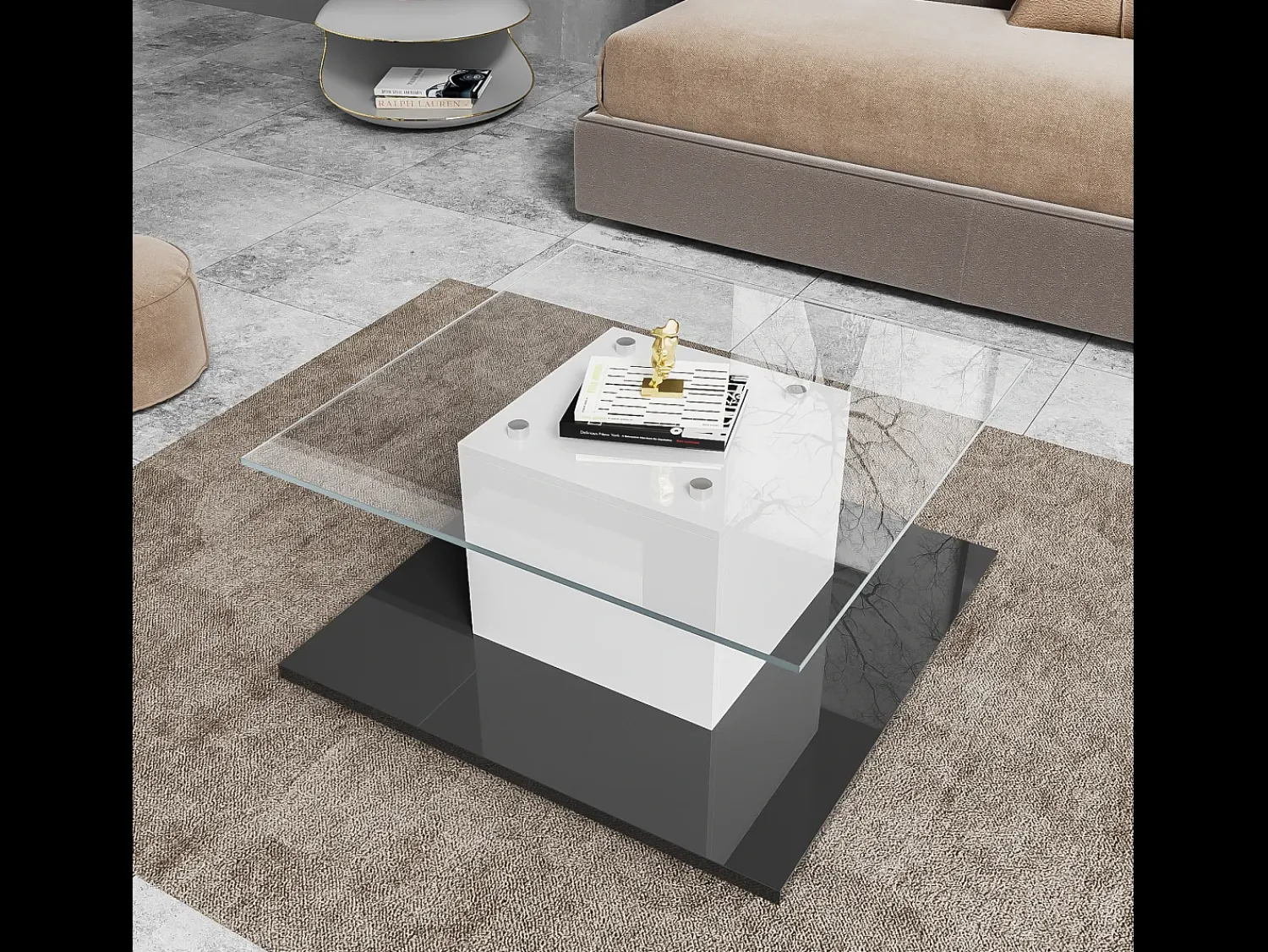 Mesa De Centro*ModernLuxe Mesa de centro moderna com rodízios giratórios - com LED - Branco e Preto Preto / Branco