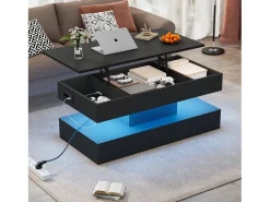 Online Merax Mesa de centro moderna com LEDs - 100 x 50 x 42 - mesa lateral com elevação e armazenamento - aglomerado - branco Preto