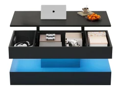Online Merax Mesa de centro moderna com LEDs - 100 x 50 x 42 - mesa lateral com elevação e armazenamento - aglomerado - branco Preto