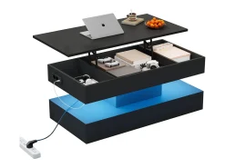 Online Merax Mesa de centro moderna com LEDs - 100 x 50 x 42 - mesa lateral com elevação e armazenamento - aglomerado - branco Preto