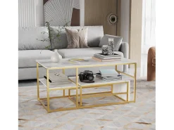 Mesa de centro moderna com armazenamento de camada dupla - Design de canto arredondado anticolisão, tampo grande de 105 cm com prateleiras de armazenamento abertas^ Consola