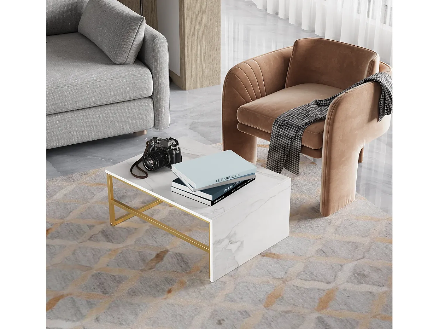 Mesa de centro moderna com armazenamento de camada dupla - Design de canto arredondado anticolisão, tampo grande de 105 cm com prateleiras de armazenamento abertas^ Consola