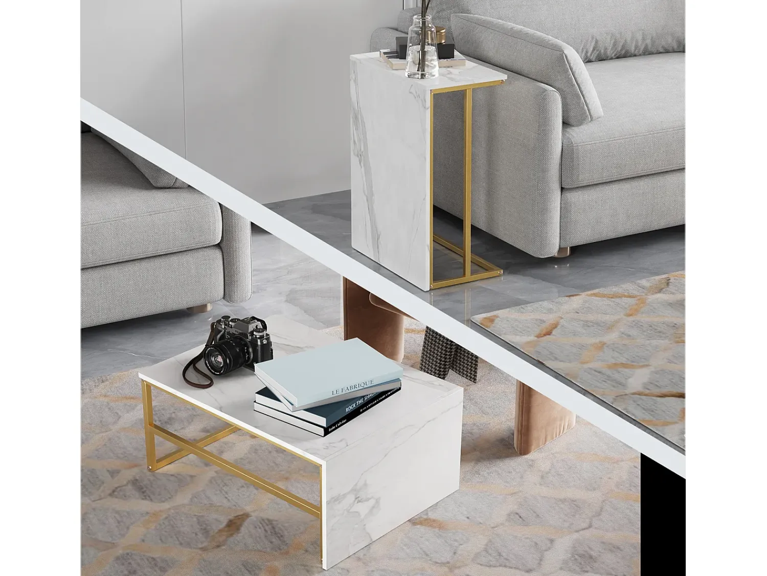 Mesa de centro moderna com armazenamento de camada dupla - Design de canto arredondado anticolisão, tampo grande de 105 cm com prateleiras de armazenamento abertas^ Consola