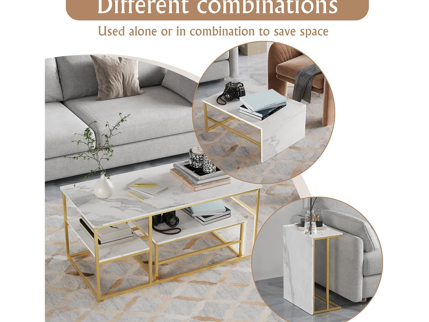 Mesa de centro moderna com armazenamento de camada dupla - Design de canto arredondado anticolisão, tampo grande de 105 cm com prateleiras de armazenamento abertas^ Consola