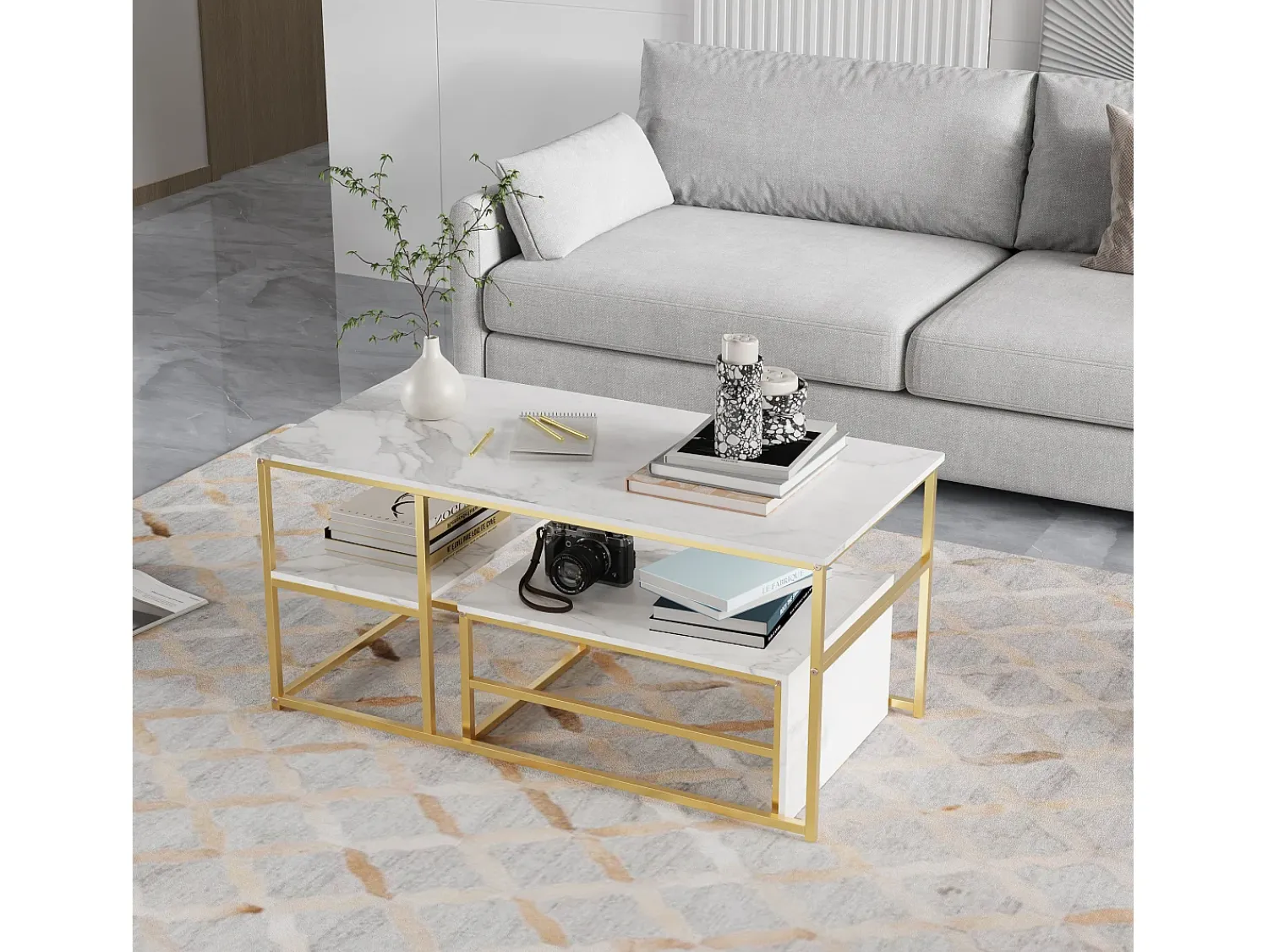 Mesa de centro moderna com armazenamento de camada dupla - Design de canto arredondado anticolisão, tampo grande de 105 cm com prateleiras de armazenamento abertas^ Consola