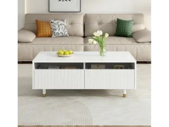 Clearance Mesa de centro moderna com LED, tampo ondulado com gaveta, pés de madeira dourada e acabamento . Branco
