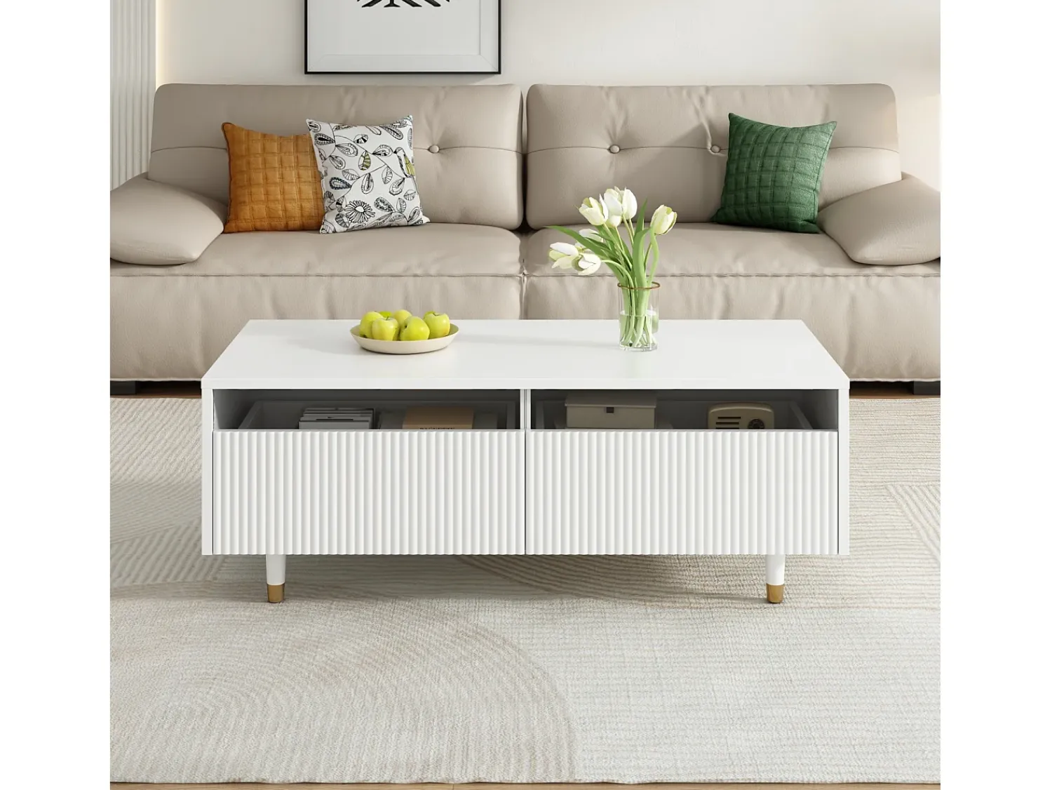Clearance Mesa de centro moderna com LED, tampo ondulado com gaveta, pés de madeira dourada e acabamento . Branco