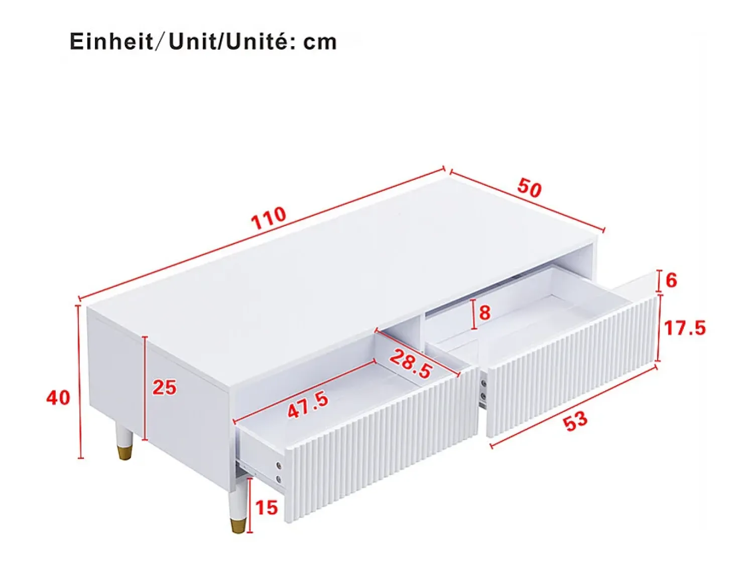 Clearance Mesa de centro moderna com LED, tampo ondulado com gaveta, pés de madeira dourada e acabamento . Branco