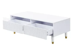Clearance Mesa de centro moderna com LED, tampo ondulado com gaveta, pés de madeira dourada e acabamento . Branco