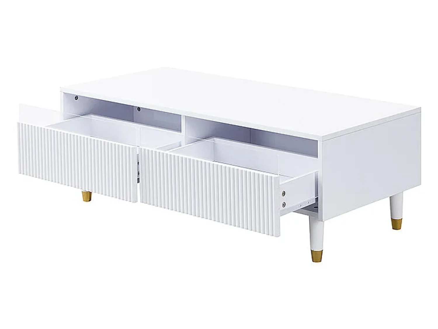 Clearance Mesa de centro moderna com LED, tampo ondulado com gaveta, pés de madeira dourada e acabamento . Branco