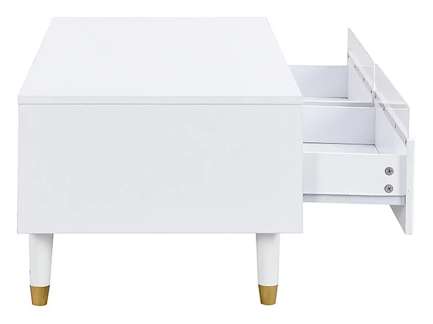 Clearance Mesa de centro moderna com LED, tampo ondulado com gaveta, pés de madeira dourada e acabamento . Branco