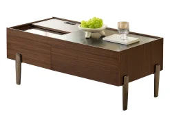 Mesa De Centro*Merax Mesa de centro moderna com 2 gavetas e tampo de vidro - 105 x 50 x 41,5 cm - pés de metal - MDF + vidro - marrom escuro Castanho