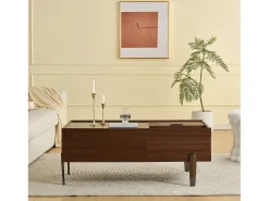 Mesa De Centro*Merax Mesa de centro moderna com 2 gavetas e tampo de vidro - 105 x 50 x 41,5 cm - pés de metal - MDF + vidro - marrom escuro Castanho