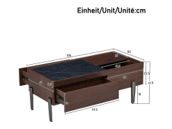 Mesa De Centro*Merax Mesa de centro moderna com 2 gavetas e tampo de vidro - 105 x 50 x 41,5 cm - pés de metal - MDF + vidro - marrom escuro Castanho