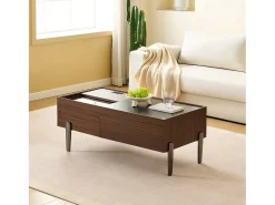 Mesa De Centro*Merax Mesa de centro moderna com 2 gavetas e tampo de vidro - 105 x 50 x 41,5 cm - pés de metal - MDF + vidro - marrom escuro Castanho