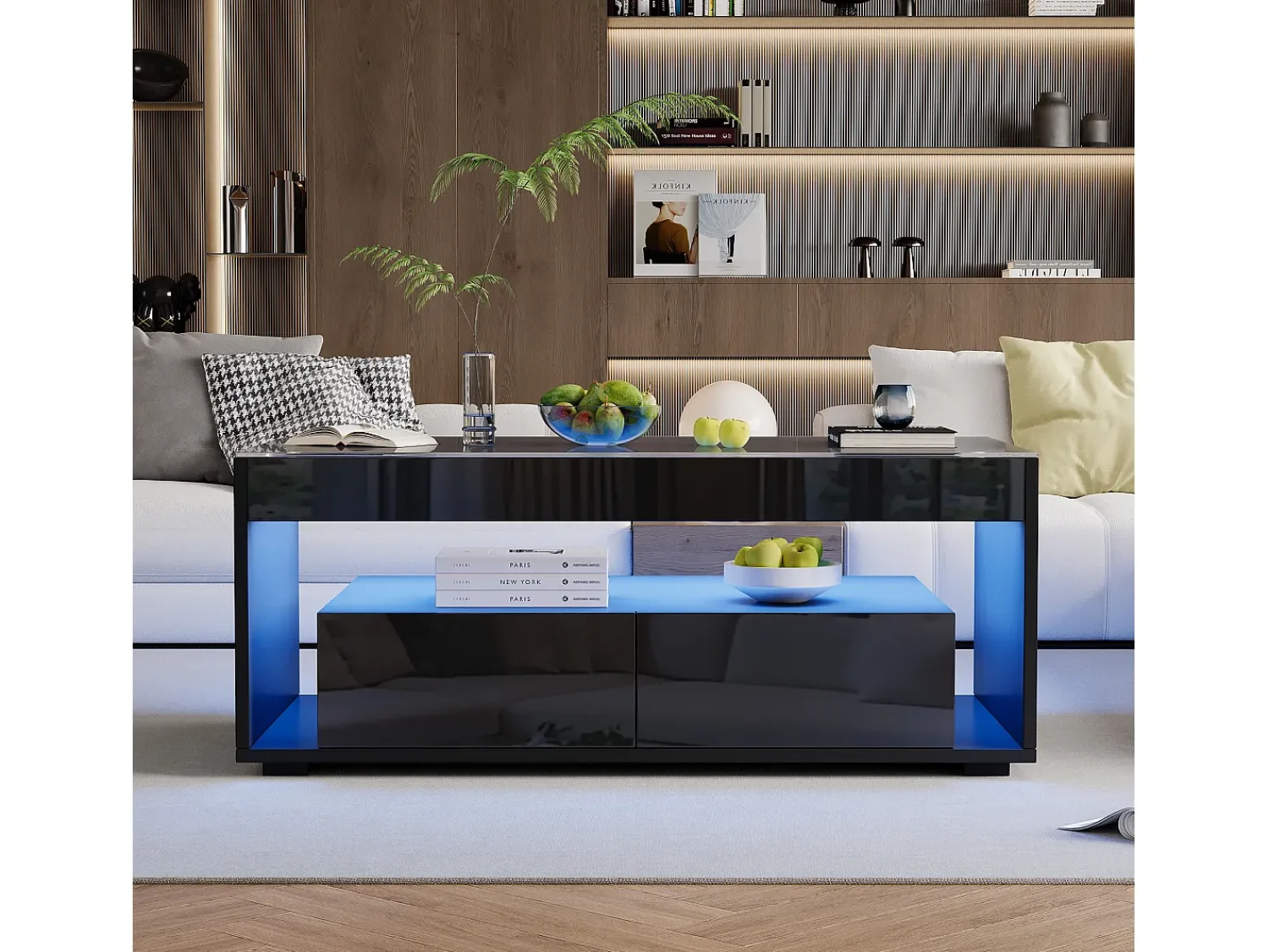 Best Mesa de centro moderna com LED, mesa retangular com 2 gavetas grandes, preta, 100 × 50 × 40 cm Preto