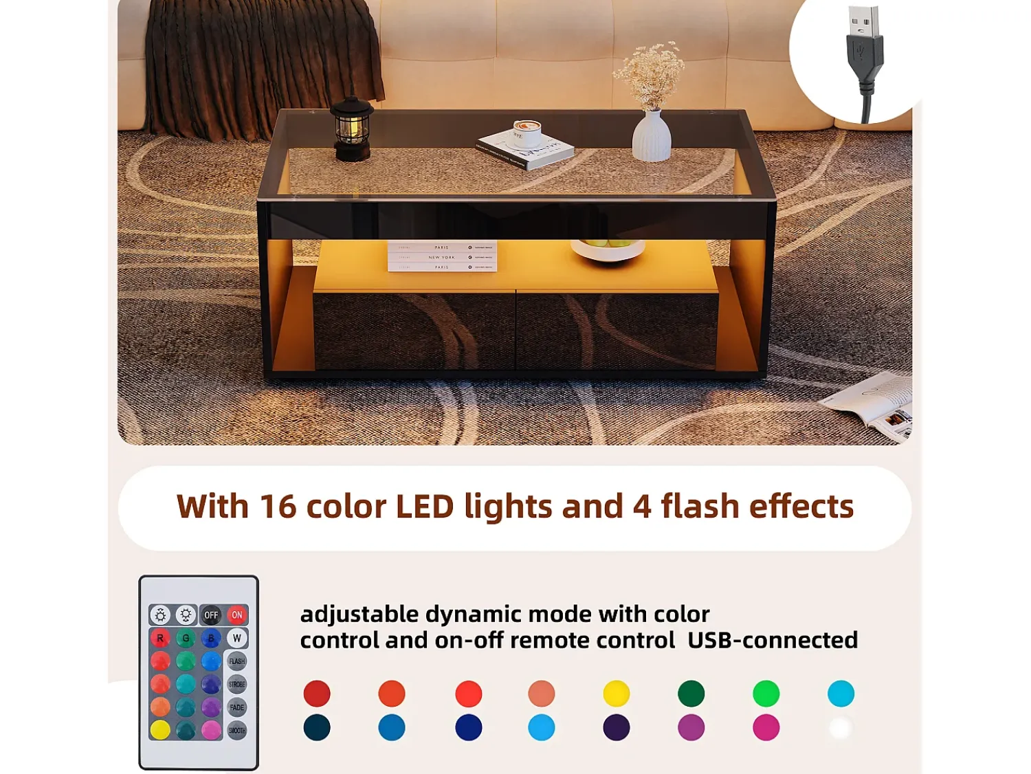 Best Mesa de centro moderna com LED, mesa retangular com 2 gavetas grandes, preta, 100 × 50 × 40 cm Preto