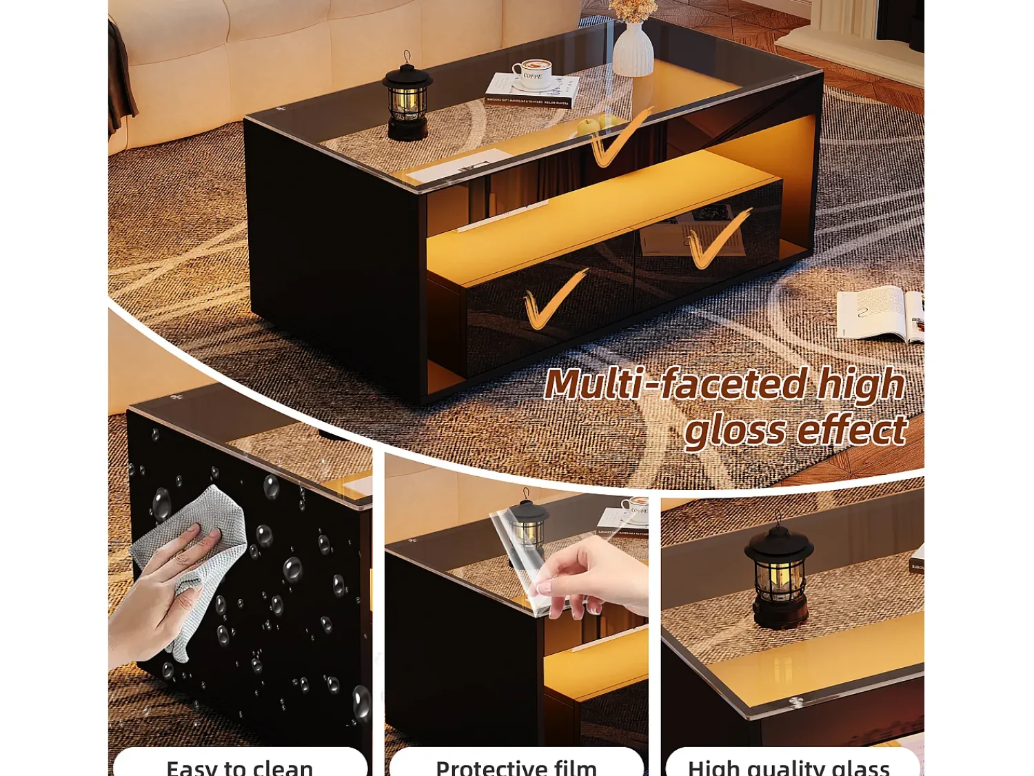 Best Mesa de centro moderna com LED, mesa retangular com 2 gavetas grandes, preta, 100 × 50 × 40 cm Preto
