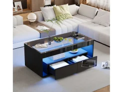 Best Mesa de centro moderna com LED, mesa retangular com 2 gavetas grandes, preta, 100 × 50 × 40 cm Preto