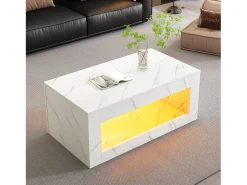 Merax Mesa de centro moderna com acabamento laqueado brilhante - 100,5 x 50,5 x 50 cm - mesa de centro com efeito mármore e iluminação LED - aglomerado - branca^ Mesa De Centro