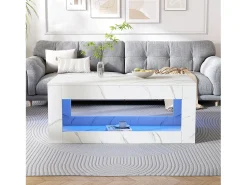 Merax Mesa de centro moderna com acabamento laqueado brilhante - 100,5 x 50,5 x 50 cm - mesa de centro com efeito mármore e iluminação LED - aglomerado - branca^ Mesa De Centro