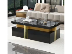 Mesa De Centro*Hauss Spole Mesa de centro moderna com 2 gavetas em folheado de mármore , bordas laterais em metal dourado Preto