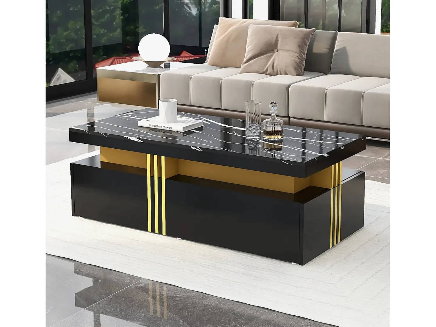 Mesa De Centro*Hauss Spole Mesa de centro moderna com 2 gavetas em folheado de mármore , bordas laterais em metal dourado Preto