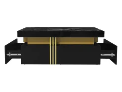 Mesa De Centro*Hauss Spole Mesa de centro moderna com 2 gavetas em folheado de mármore , bordas laterais em metal dourado Preto