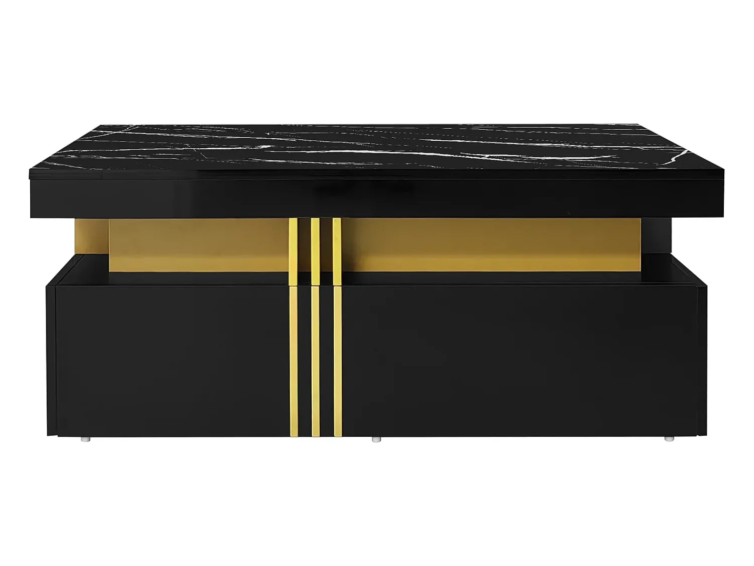 Mesa De Centro*Hauss Spole Mesa de centro moderna com 2 gavetas em folheado de mármore , bordas laterais em metal dourado Preto