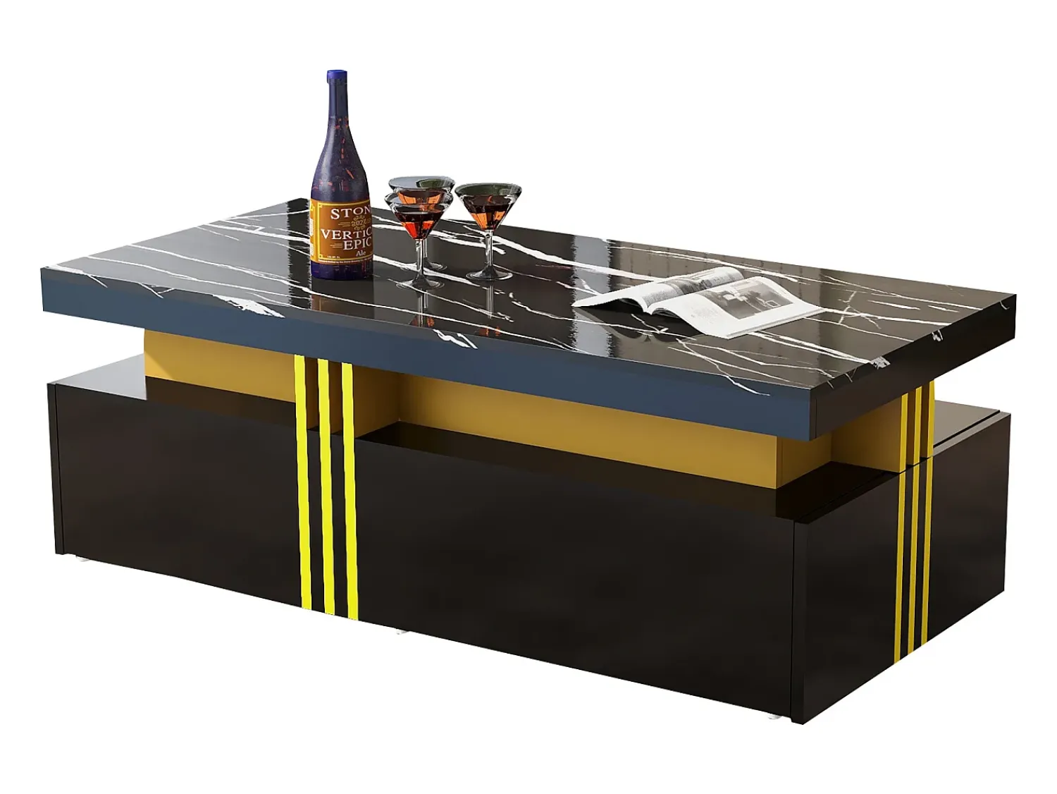 Mesa De Centro*Hauss Spole Mesa de centro moderna com 2 gavetas em folheado de mármore , bordas laterais em metal dourado Preto