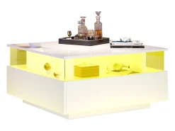 Mesa De Centro|Merax Mesa de centro moderna com 2 gavetas e espaço transparente - 70 x 70 x 41 cm - LEDs - Aglomerado - brilhante Branco
