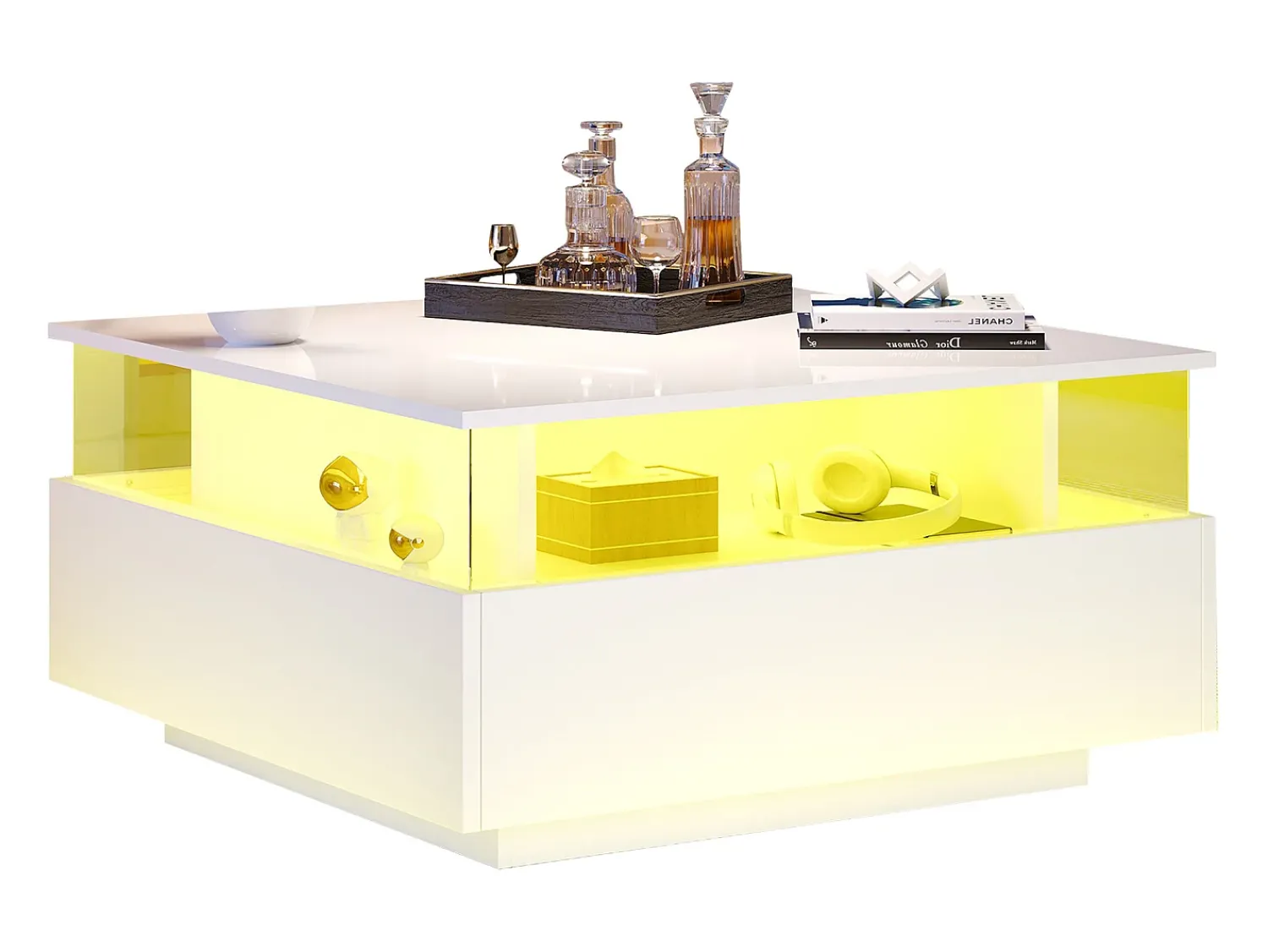 Mesa De Centro|Merax Mesa de centro moderna com 2 gavetas e espaço transparente - 70 x 70 x 41 cm - LEDs - Aglomerado - brilhante Branco