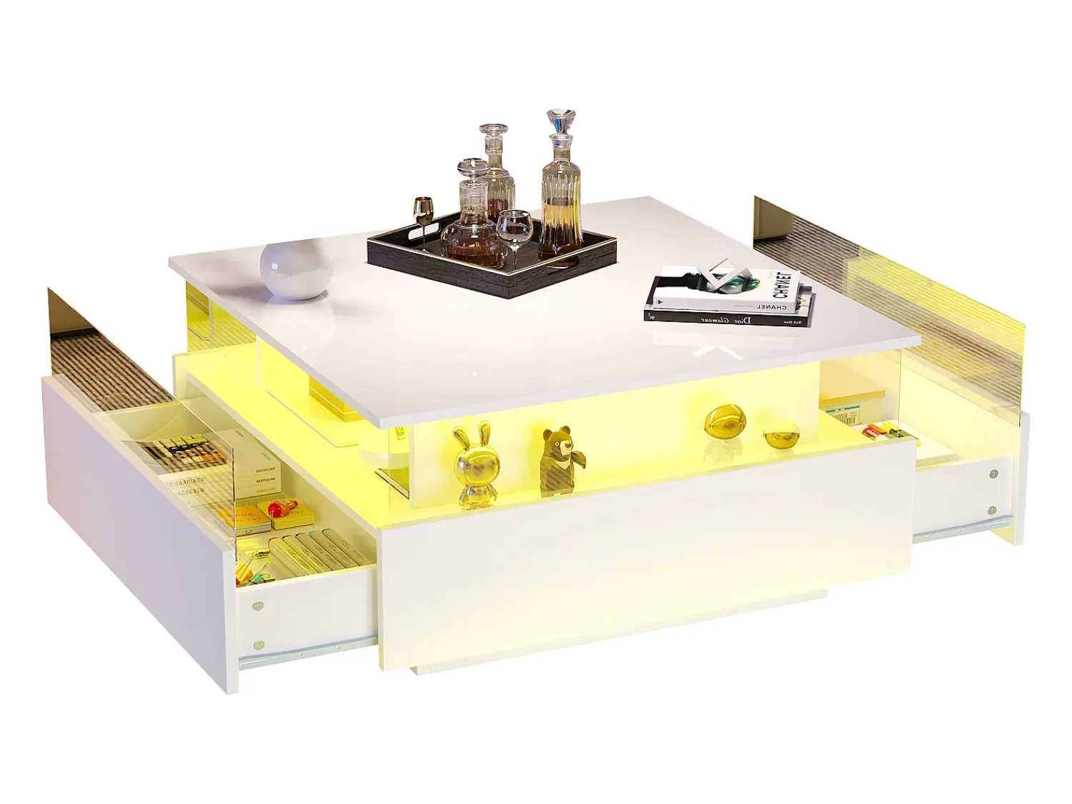 Mesa De Centro|Merax Mesa de centro moderna com 2 gavetas e espaço transparente - 70 x 70 x 41 cm - LEDs - Aglomerado - brilhante Branco
