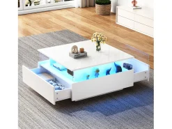 Mesa De Centro|Merax Mesa de centro moderna com 2 gavetas e espaço transparente - 70 x 70 x 41 cm - LEDs - Aglomerado - brilhante Branco