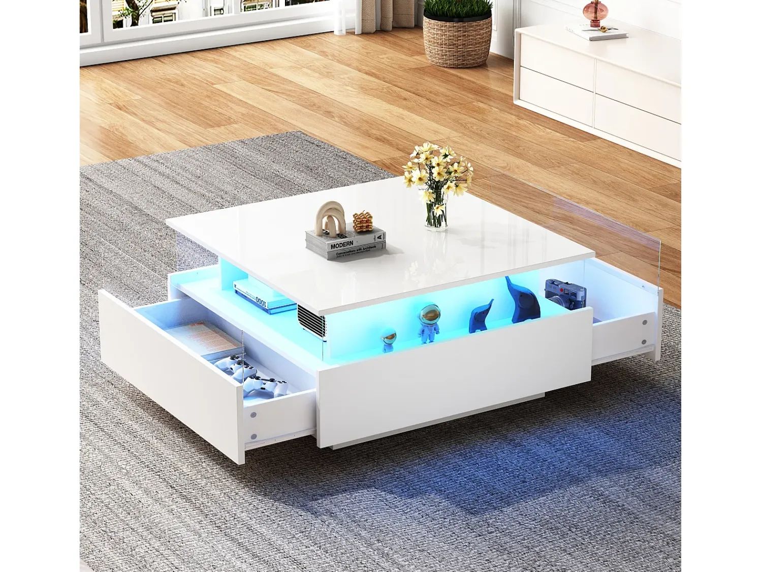 Mesa De Centro|Merax Mesa de centro moderna com 2 gavetas e espaço transparente - 70 x 70 x 41 cm - LEDs - Aglomerado - brilhante Branco