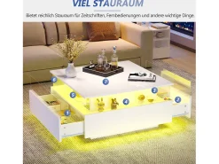 Mesa De Centro|Merax Mesa de centro moderna com 2 gavetas e espaço transparente - 70 x 70 x 41 cm - LEDs - Aglomerado - brilhante Branco