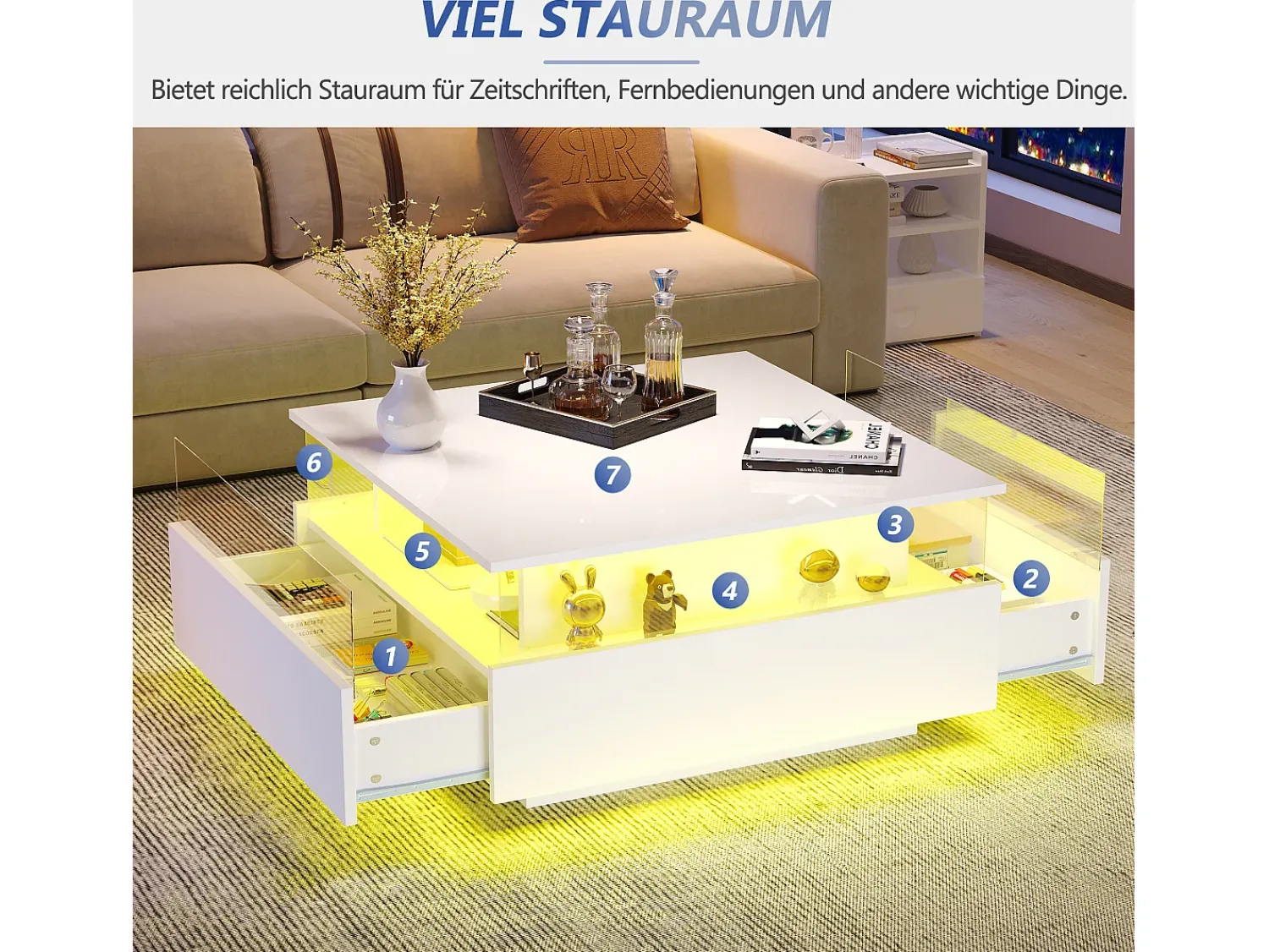 Mesa De Centro|Merax Mesa de centro moderna com 2 gavetas e espaço transparente - 70 x 70 x 41 cm - LEDs - Aglomerado - brilhante Branco