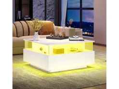 Mesa De Centro|Merax Mesa de centro moderna com 2 gavetas e espaço transparente - 70 x 70 x 41 cm - LEDs - Aglomerado - brilhante Branco