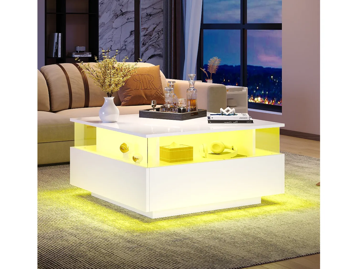 Mesa De Centro|Merax Mesa de centro moderna com 2 gavetas e espaço transparente - 70 x 70 x 41 cm - LEDs - Aglomerado - brilhante Branco
