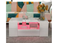 New Merax Mesa de centro moderna com acabamento laqueado brilhante - 95 x 53 x 37 cm - com 2 gavetas + 2 prateleiras - aglomerado - branca Branco