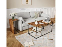 Clearance Mesa de centro moderna com armazenamento de camada dupla - Design de canto arredondado anticolisão, tampo grande de 105 cm com prateleiras de armazenamento abertas Natural escuro