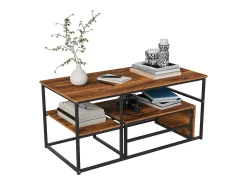 Clearance Mesa de centro moderna com armazenamento de camada dupla - Design de canto arredondado anticolisão, tampo grande de 105 cm com prateleiras de armazenamento abertas Natural escuro