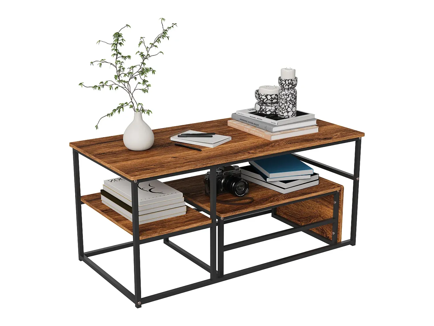 Clearance Mesa de centro moderna com armazenamento de camada dupla - Design de canto arredondado anticolisão, tampo grande de 105 cm com prateleiras de armazenamento abertas Natural escuro