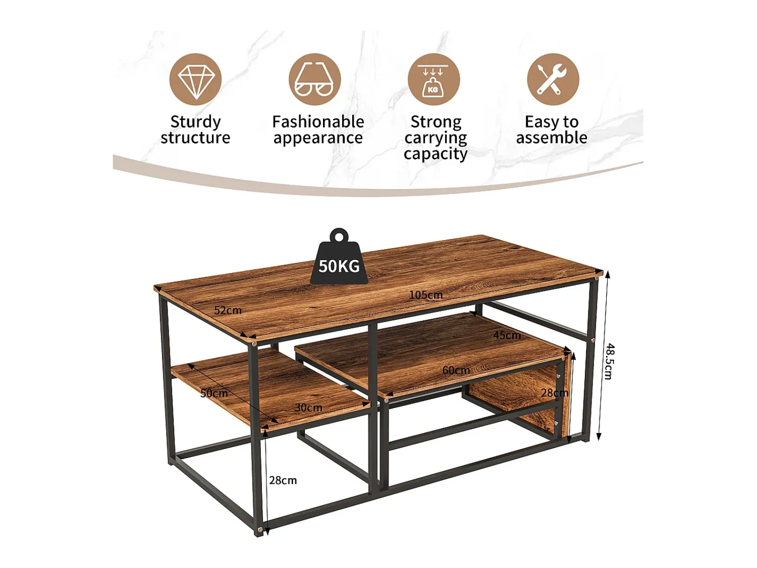 Clearance Mesa de centro moderna com armazenamento de camada dupla - Design de canto arredondado anticolisão, tampo grande de 105 cm com prateleiras de armazenamento abertas Natural escuro