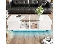 Mesa De Centro|Merax Mesa de centro moderna com 2 portas e 2 compartimentos - 120 x 50 x 38,5 cm - LEDs - Vidro, MDF, aglomerado - brilhante Branco