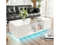 Mesa De Centro|Merax Mesa de centro moderna com 2 portas e 2 compartimentos - 120 x 50 x 38,5 cm - LEDs - Vidro, MDF, aglomerado - brilhante Branco