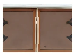 New Mesa de centro moderna com iluminação LED, 2 portas e 2 gavetas, tampo de mármore e detalhes dourados, branca. Branco