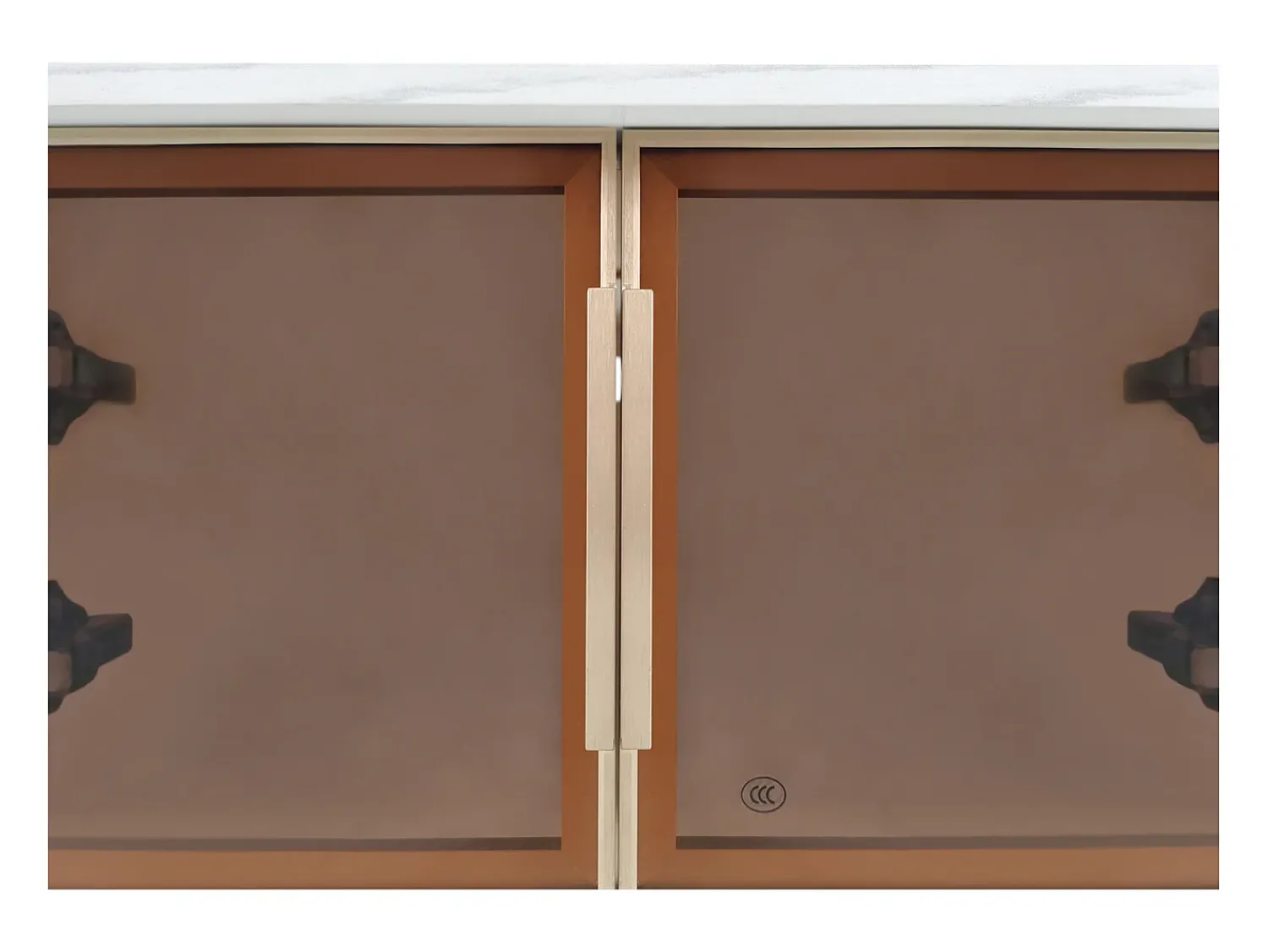 New Mesa de centro moderna com iluminação LED, 2 portas e 2 gavetas, tampo de mármore e detalhes dourados, branca. Branco