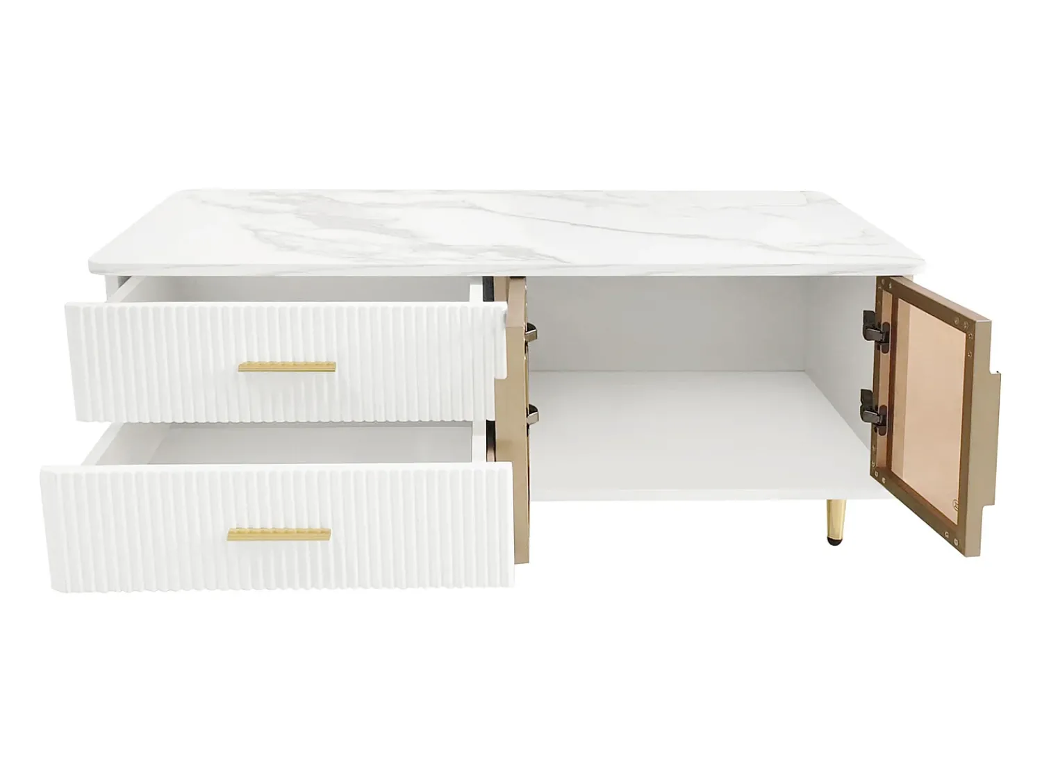 New Mesa de centro moderna com iluminação LED, 2 portas e 2 gavetas, tampo de mármore e detalhes dourados, branca. Branco